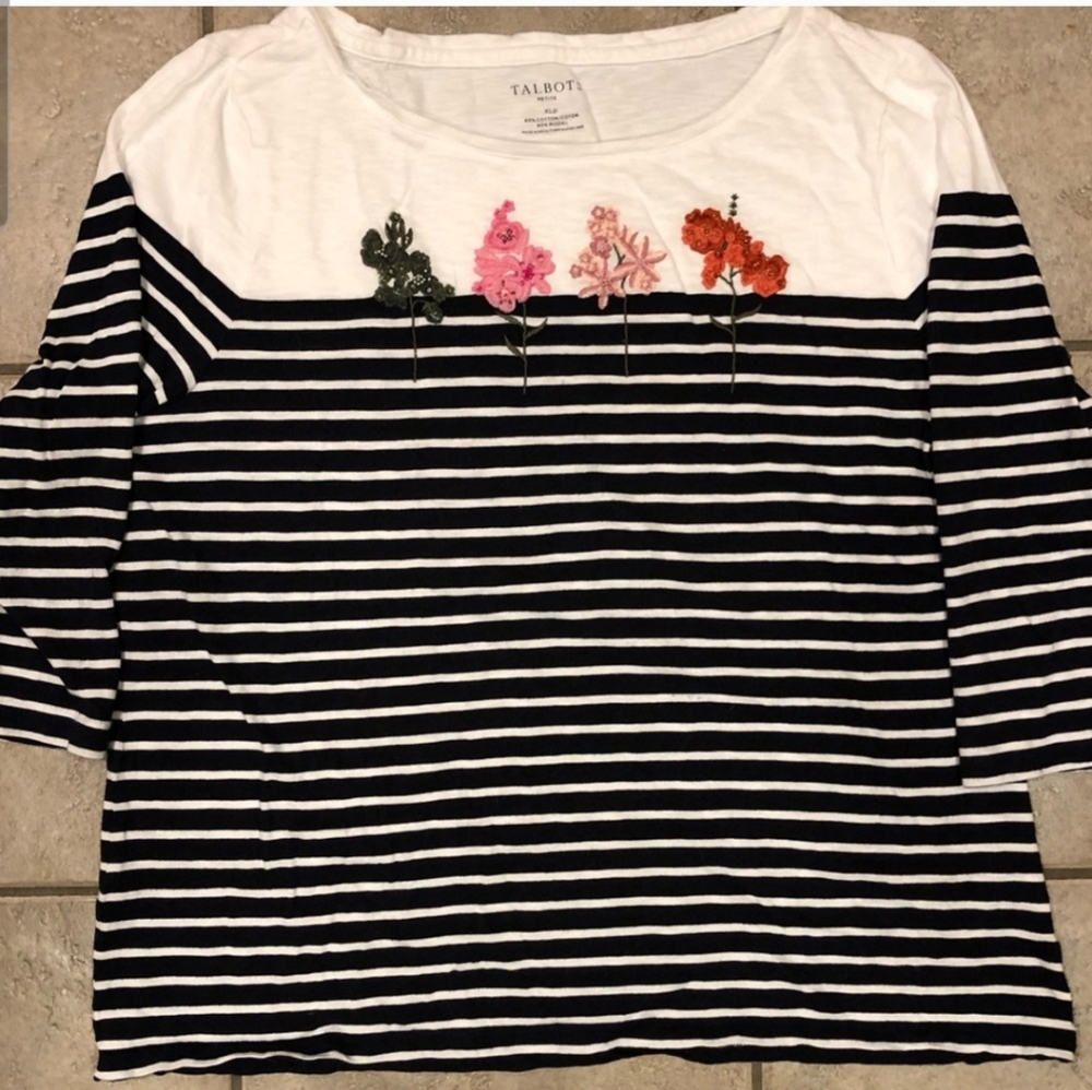Talbots Striped Black and White Top With Flowers Size 1X